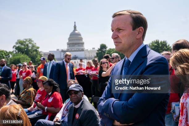 Sen. Chris Murphy prepares to speak during the Moms Demand Action Gun Violence Rally on June 8, 2022 in Washington, DC. Politicians and activists...
