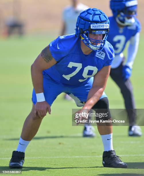 Rob Havenstein of the Los Angeles Rams runs a play mini camp on June 8, 2022 at the team's facility at California Lutheran University in Thousand...