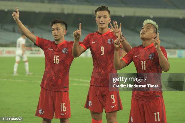 Hong Kong pplayers celebrate their win by 2-1 against Afghanistan in AFC Asian Cup 2023 qualifier final round match at Saltlake Stadium on June 8,...