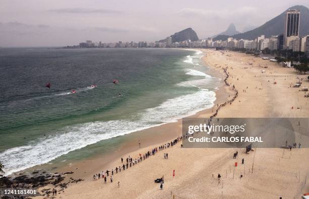 Aerial view of participants joining hands to form a long human chain along Leme beach, during an event to promote cleaner beaches and marine...