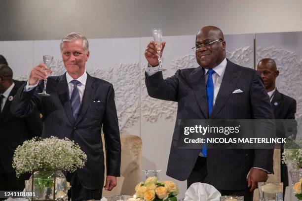 King Philippe - Filip of Belgium and DRC Congo President Felix Tshisekedi have a toast at the official Banquet at the Cite de l'Union africaine , in...