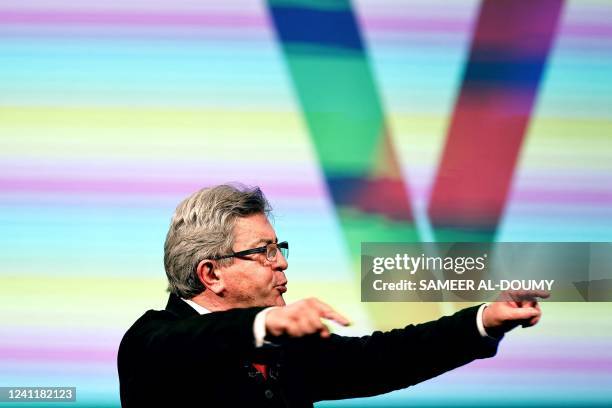 French leftist La France Insoumise party leader, Member of Parliament and leader of left-wing coalition Nupes Jean-Luc Melenchon gestures during a...