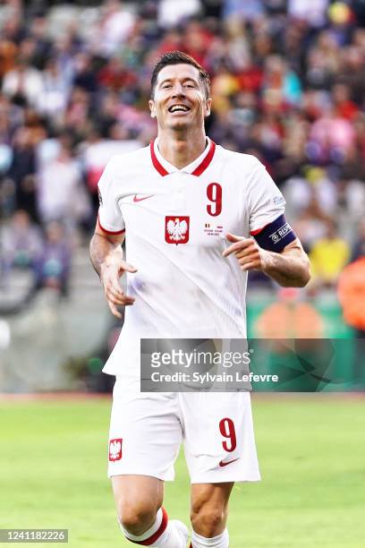 Robert Lewandowski of Poland celebrates after scoring his team's 1st goal during the UEFA Nations League League A Group 4 match between Belgium and...