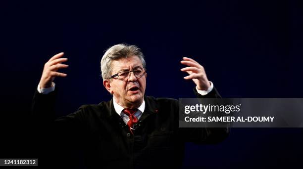 French leftist La France Insoumise party leader, Member of Parliament and leader of left-wing coalition Nupes Jean-Luc Melenchon speaks during a...