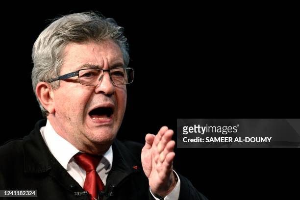 French leftist La France Insoumise party leader, Member of Parliament and leader of left-wing coalition Nupes Jean-Luc Melenchon speaks during a...
