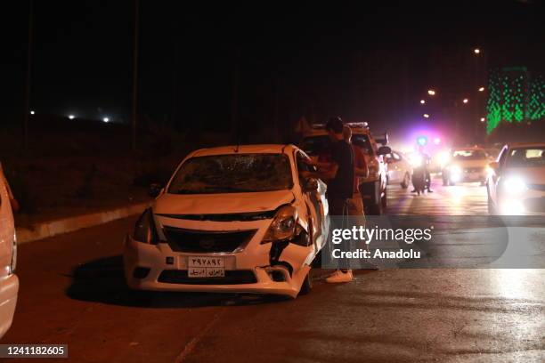 Damaged car is seen after an explosion at the Erbil-Pirmam highway in Erbil, Iraq on June 08, 2022.