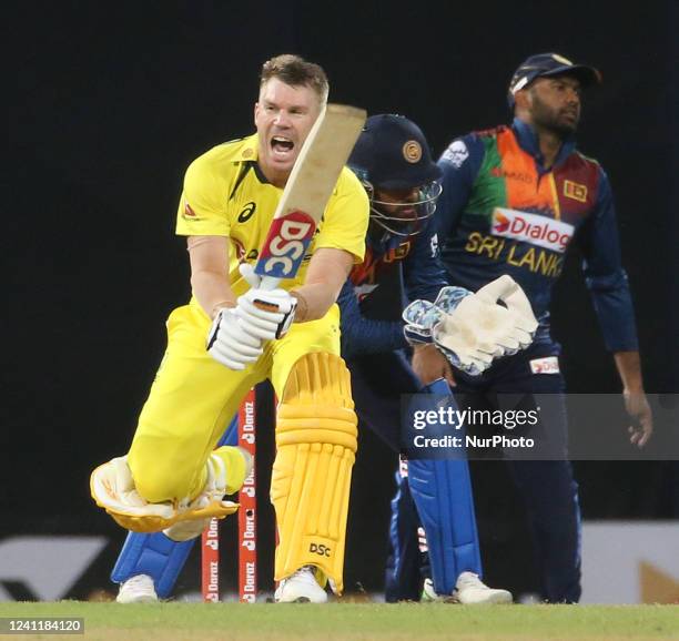 Australia's David Warner bats during the second Twenty20 cricket match between Sri Lanka and Australia at R. Premadasa Stadium in Colombo, Sri Lanka...