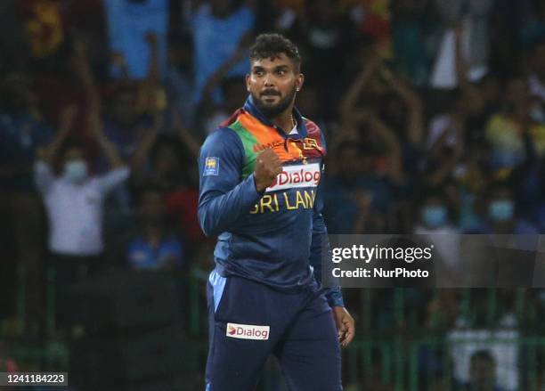 Sri Lankan Wanindu Hasaranga celebrates after taking the wicket during the second Twenty20 cricket match between Sri Lanka and Australia at R....