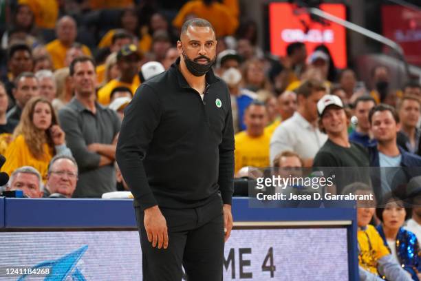Head Coach Ime Udoka of the Boston Celtics looks on during Game Two of the 2022 NBA Finals on June 5, 2022 at Chase Center in San Francisco,...