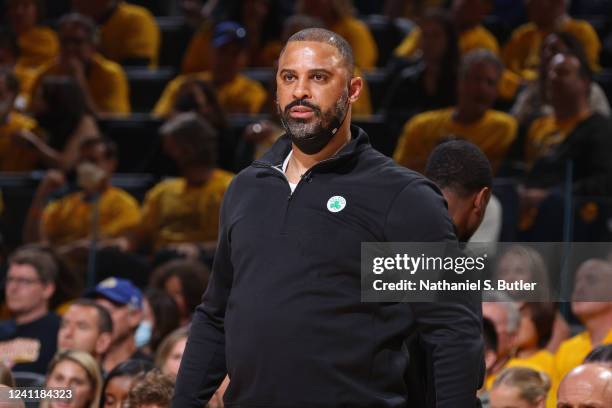 Head Coach Ime Udoka of the Boston Celtics looks on during Game Two of the 2022 NBA Finals on June 5, 2022 at Chase Center in San Francisco,...