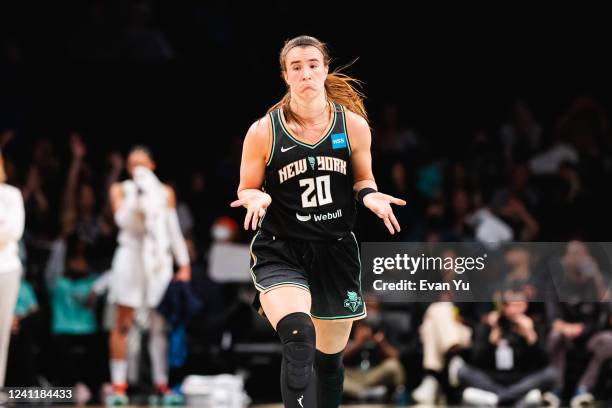 Sabrina Ionescu of the New York Liberty reacts to a play during the game against the Minnesota Lynx on June 7, 2022 at the Barclays Center in...