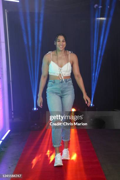 Brionna Jones of the Connecticut Sun arrives to the arena prior to the game against the Indiana Fever on June 8, 2022 at Mohegan Sun Arena in...