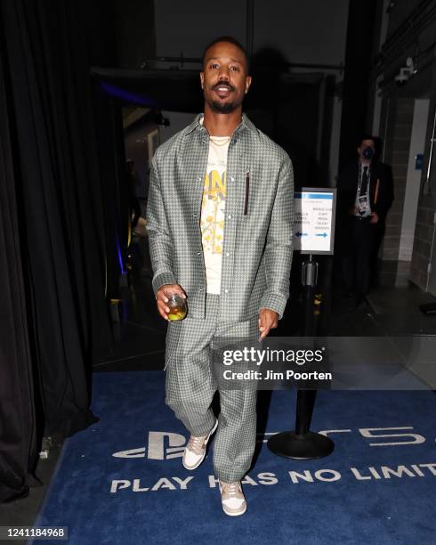 Actor, Michael B. Jordan, arrives to the arena before the game between the Boston Celtics and Golden State Warriors during Game Two of the 2022 NBA...