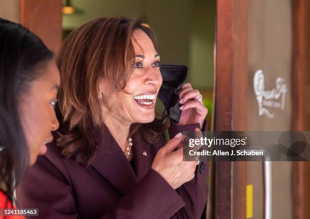 Monrovia, CA U.S. Vice President Kamala Harris makes a side trip from attending the Summit of the Americas to talk to the media after taking a tour...