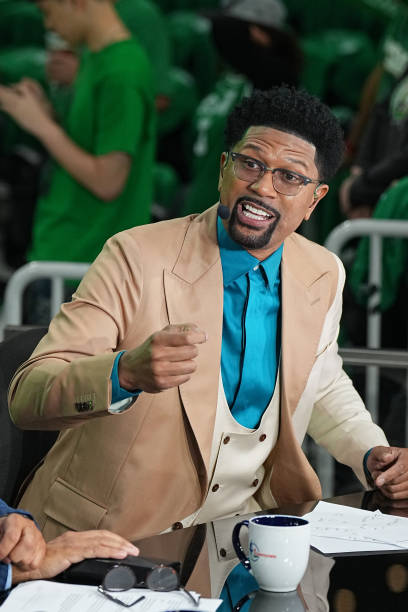 Countdown Analyst, Jalen Rose talks on set before Game Three of the 2022 NBA Finals between the Golden State Warriors and the Boston Celtics on June...