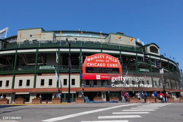 General view of the Marquee outside Wrigley Field with orange flags in support of Gun Violence Awareness prior to the game between the St. Louis...