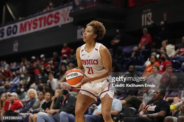 Tianna Hawkins of the Washington Mystics handles the ball during the game against the Chicago Sky on June 8, 2022 at Entertainment & Sports Arena in...