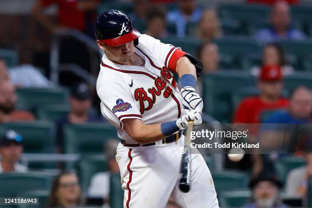 Austin Riley of the Atlanta Braves hits a two-run home run during the fifth inning against the Oakland Athletics at Truist Park on June 8, 2022 in...