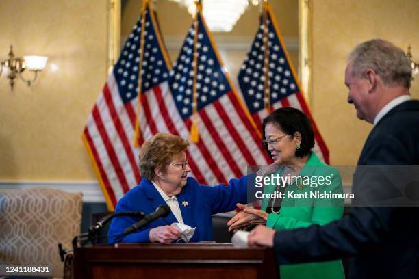 Former Sen. Barbara Mikulski is greeted by Sen. Mazie Hirono and Sen. Chris Van Hollen ahead of a ceremony to name rooms on the Senate side of the...