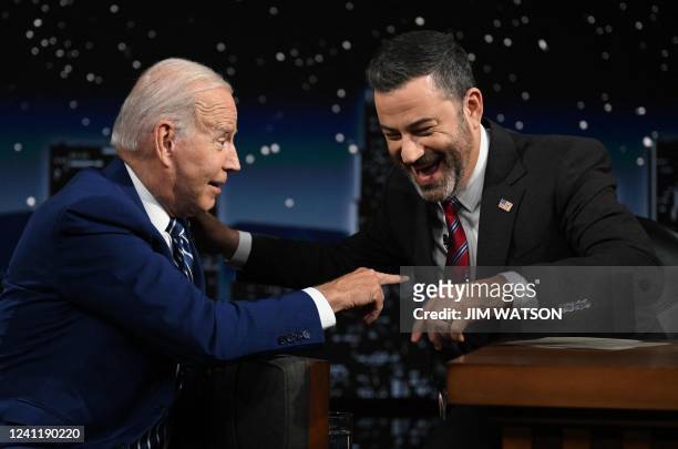 President Joe Biden speaks with host Jimmy Kimmel as he makes his first in-person appearance on "Jimmy Kimmel Live!" during his Los Angeles visit to...
