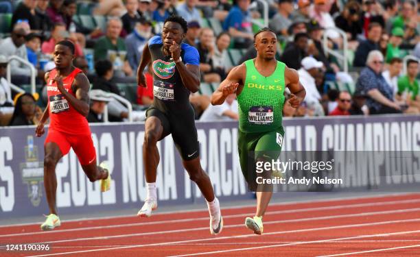 Micah Williams of the Oregon Ducks wins his heat of the 100 meter dash outpacing oseph Fahnbulleh of the Florida Gators and Edward Sumler IV of the...