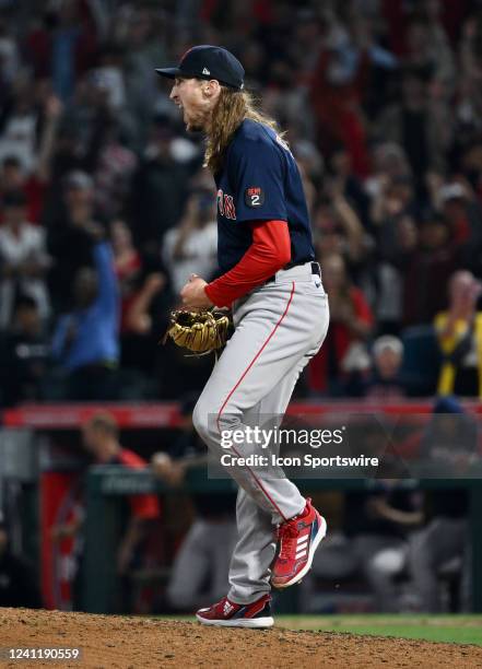 Boston Red Sox pitcher Matt Strahm reacts after getting the save after the Red Sox defeated the Los Angeles Angels 1 to 0 in an MLB baseball game...