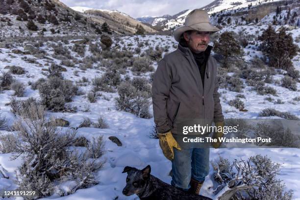 Ralph Johnson stands with his dog, Sage, on the Yellowstone River Trail overlooking the northern border of Yellowstone National Park on February 2,...