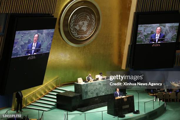 Zhang Jun at the podium and on the screens, China's permanent representative to the United Nations, speaks at a UN General Assembly debate on the...