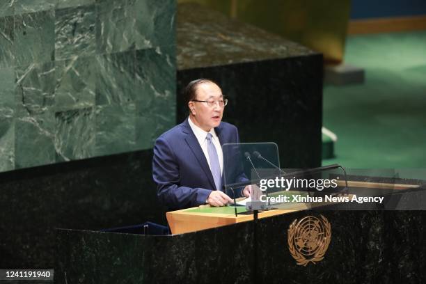 Zhang Jun, China's permanent representative to the United Nations, speaks at a UN General Assembly debate on the Korean Peninsula issue at the UN...