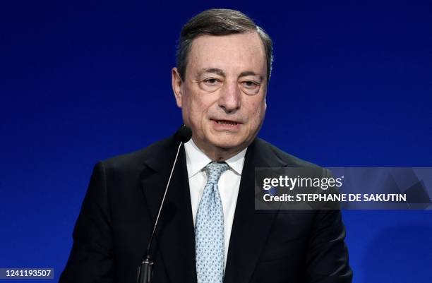 Italian Prime Minister Mario Draghi speaks during a ministerial meeting at the Organisation for Economic Co-operation and Development at the OECD...