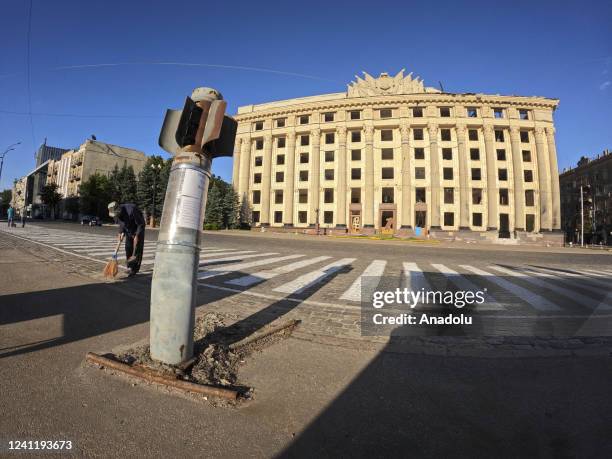 Unexploded grad rocket in front of the shelling damaged city hall is seen in city center of Kharkiv, Ukraine on June 08, 2022 as Russia-Ukraine war...