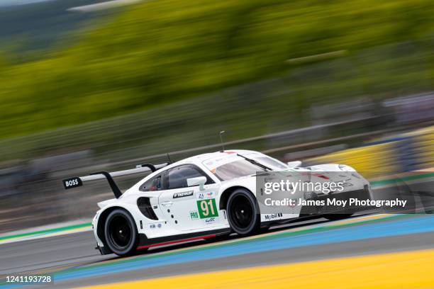 The Porsche GT Team 911 RSR - 19 of Richard Lietz, Gianmaria Bruni, and Frederic Makowiecki in action at Le Mans 24 Hours practice and qualifying on...
