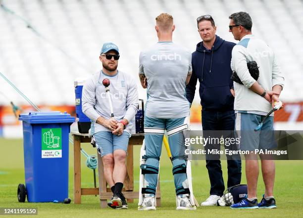 England head coach Brendon McCullum, Ben Stokes, managing director Rob Key and coach Jon Lewis during a nets session at Trent Bridge Cricket Ground,...