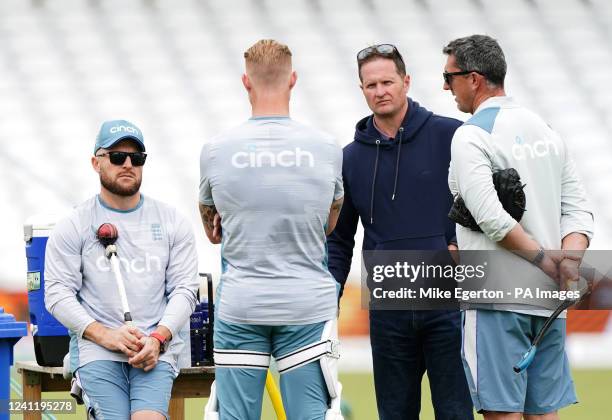 England head coach Brendon McCullum, Ben Stokes, managing director Rob Key and coach Jon Lewis during a nets session at Trent Bridge Cricket Ground,...
