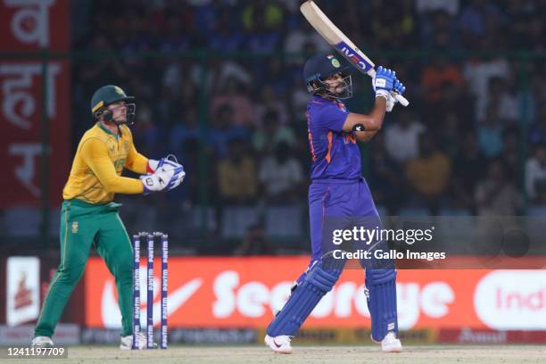 Shreyas Iyer of India plays a shot during the 1st T20 International match between India and South Africa at Arun Jaitley Stadium on June 09, 2022 in...