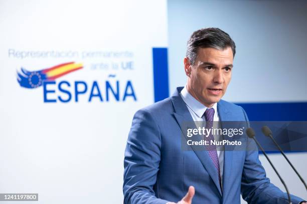 Pedro Sánchez Prime Minister of Spain talks at a press conference to the media after the end of the 2-day extraordinary special EU summit about...