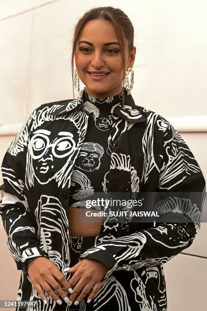 Bollywood actress Sonakshi Sinha poses during the promotion of a new fitness show 'Shape of you' in Mumbai on June 9, 2022.