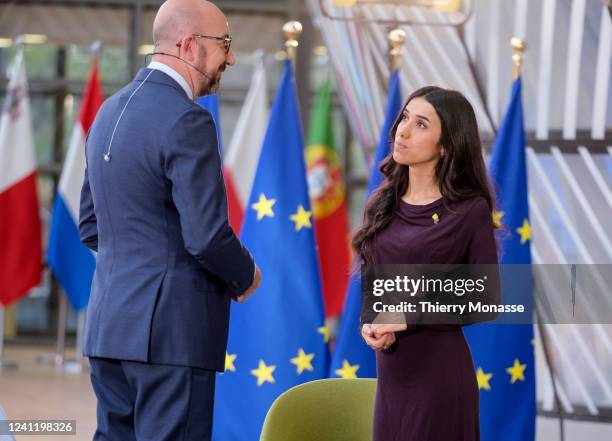 President of the European Council Charles Michel is talking with the Iraqi Yazidi, human rights activist, founder of Nadia's Initiative, Nobel Peace...