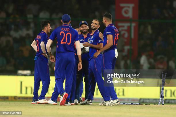 Harshal Patel of India celebrates the wicket of Dwaine Pretorius of South Africa during the 1st T20 International match between India and South...