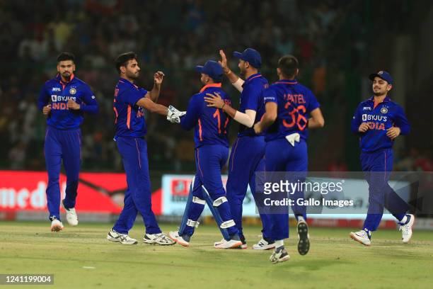 Bhuvneshwar Kumar of India celebrates the wicket of Temba Bavuma of South Africa during the 1st T20 International match between India and South...
