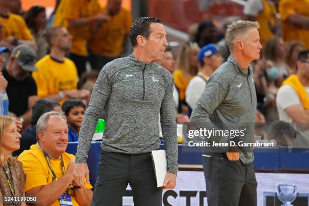 Assistant Coach Kenny Atkinson of the Golden State Warriors looks on during Game Two of the 2022 NBA Finals on June 5, 2022 at Chase Center in San...