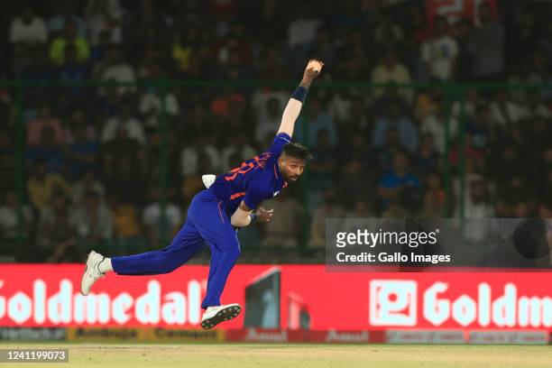 Hardik Pandya of India in bowling action during the 1st T20 International match between India and South Africa at Arun Jaitley Stadium on June 09,...