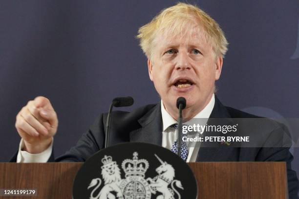 Britain's Prime Minister Boris Johnson delivers a speech in Blackpool, north-west England on June 9, 2022. - In an economy-focussed speech in...