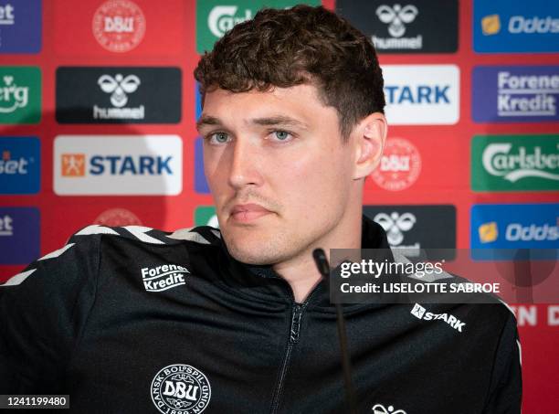 Denmark's defender Andreas Christensen looks on during a press conference in Elsinore, Denmark, on June 9 on the eve of the Nations League football...