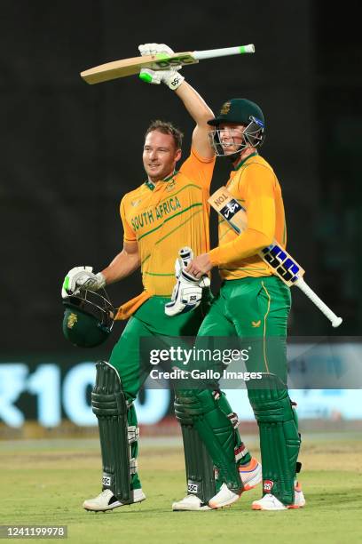 David Miller of South Africa and Rassie van der Dussen of South Africa celebrates the win during the 1st T20 International match between India and...