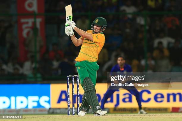 David Miller of South Africa plays a shot during the 1st T20 International match between India and South Africa at Arun Jaitley Stadium on June 09,...