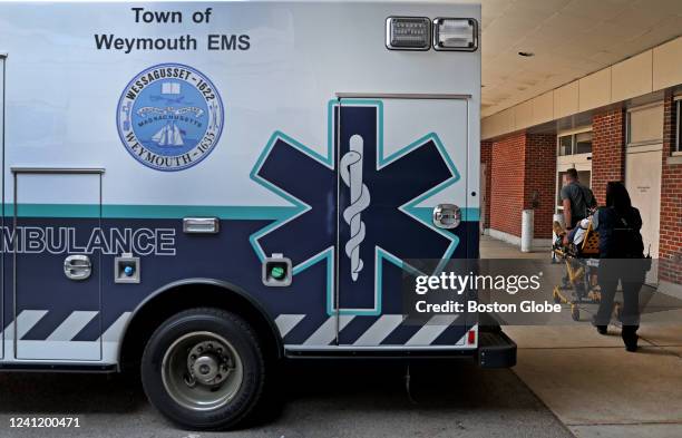 Weymouth, MA A patient arrives by ambulance at the emergency bay entrance to the ER room at South Shore Health in Weymouth, MA on May 31, 2022....