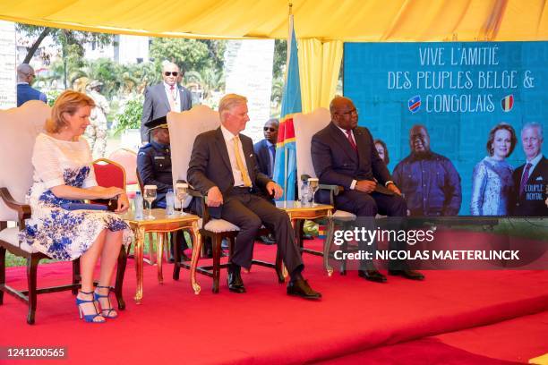 Queen Mathilde of Belgium, King Philippe - Filip of Belgium and DRC Congo President Felix Tshisekedi pictured during a round table discussion on...
