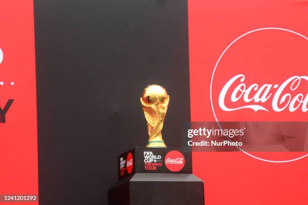 The FIFA World Cup trophy is on display at the Bangladesh Army stadium in Dhaka, Bangladesh, on June 9, 2022. The FIFA World Cup trophy tour in...