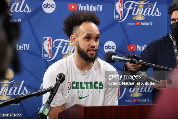 Derrick White of the Boston Celtics talks to the media during 2022 NBA Finals Practice and Media Availability on June 9, 2022 at the TD Garden in...